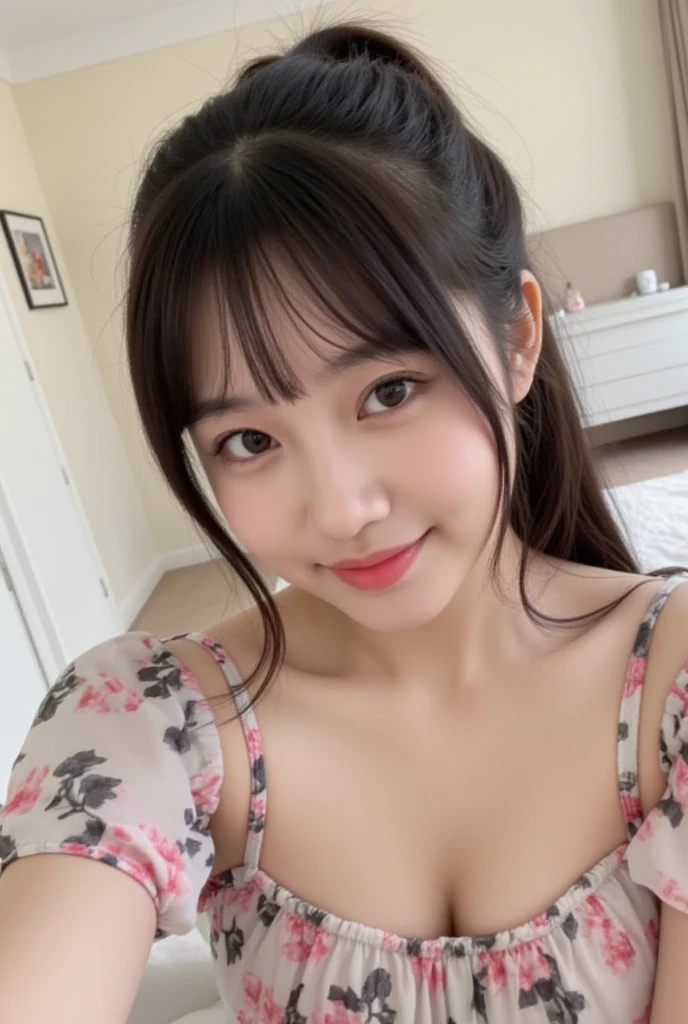 (8k、RAW Photos、Highest quality、masterpiece:1.2)、((night、Dark Room、Japanese-style room:1.5))、((naked、kimono、Nipples、Muscular、Gaze Here、Relaxed facial expression、Caramel colored hair、Double bun hair:1.3))、((Smile without showing your teeth、pubic hair))、(Realistic、Realistic)、1 person、(On the bed)、cute