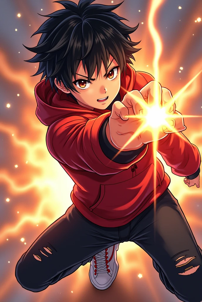 Cool/Badass Lightskin anime age boy with short messy black hair, brown eyes, red hoodie, skinny black jeans (ripped), white sneakers with some red included. He’s showing off his Star energy imbued fist with his name SIVAD on the poster with an up close shot of him striking a punching pose towards the camera.