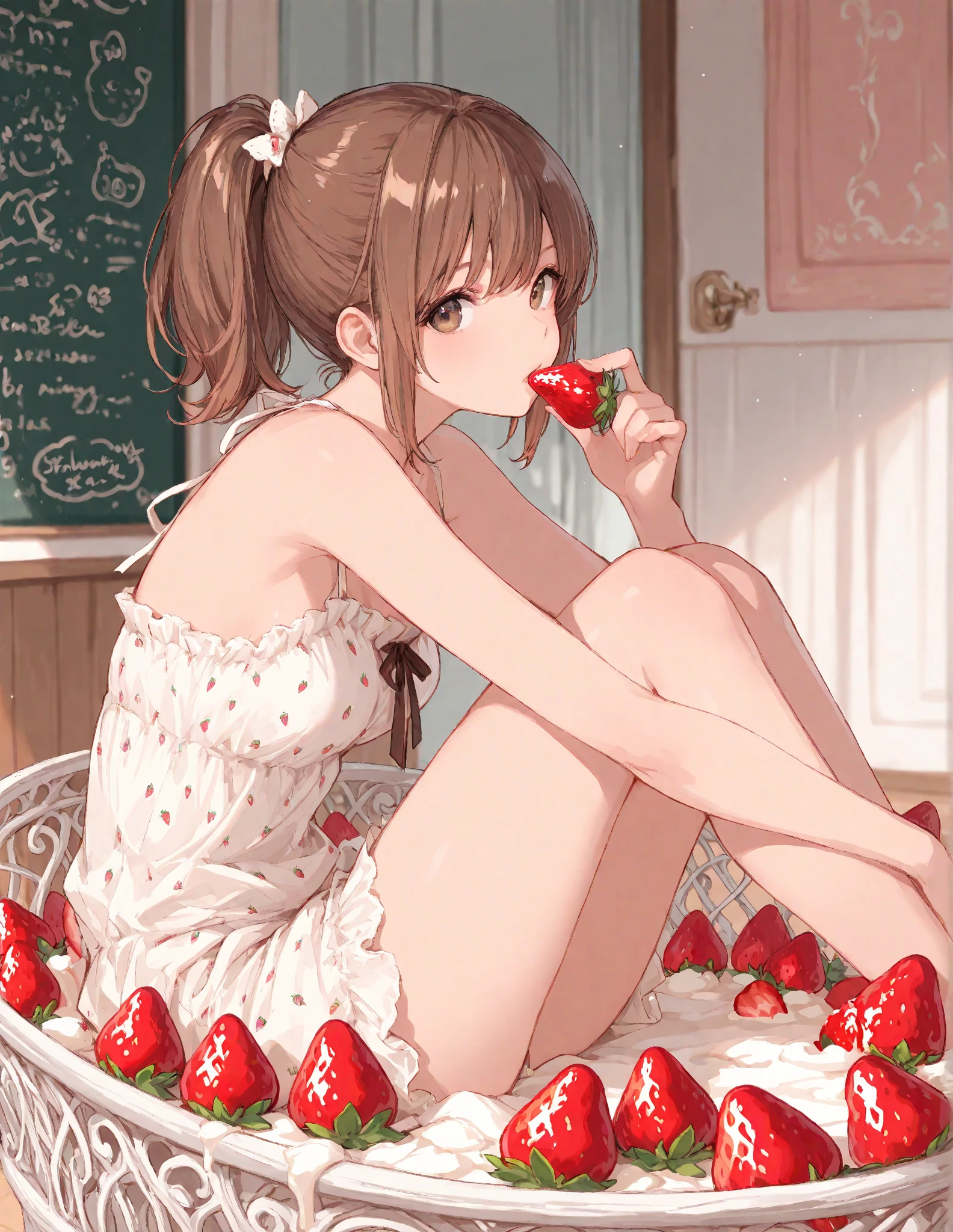 There are strawberries on the plate on the desk.、A beautiful girl sits on a chair、white frilly clothes、((open your legs wide))、(((Hands behind the body)))、(((Emphasize the crotch)))、((White panties))