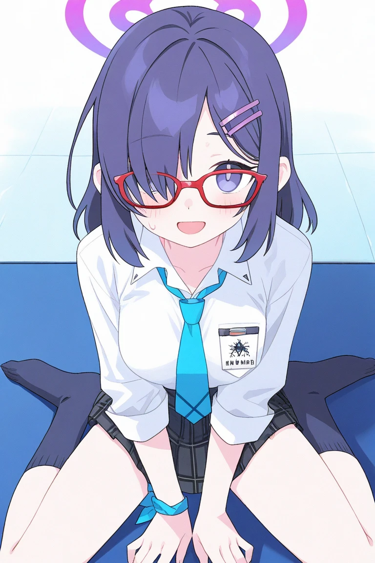 (Purple hair:1.2) , gray eyes, white , navy blue miniskirt, , short, short long hair, kind expression, shy, backpack, almost no breasts, slightly exposed. hair,(flipped hair ), flipped hair, long sleeves, ahoge, girl alone, flipped hair, flipped hair, flipped hair, flipped hair, glasses with no edges, embarrassed, her bra is visible, flat chest