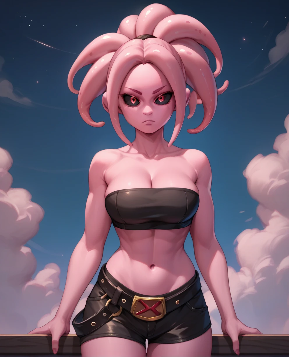 Fmajin,(pink skin:1.1),pink tentacle hair,smiling,(black sclera:1.2),red red eyes,tentacle hair,round ears,
baggypants,belt,black tube top,midriff,cleavage,bare shoulders,alien,M,shouler holes,
standing,no nose,
stars,space,milky way,
(insanely detailed, beautiful detailed face, masterpiece, best quality),solo,