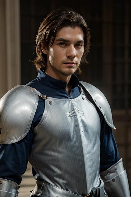 [masterpieces] blue eyes, good-looking male, detailed smile happy face, attractive young man age 27, chiseled jawline, clear masculine face, dark brown sleek layered hairstyle hair, standing in bare sweat masculine chest, holding sword in training, background historical castle, in year 900s
