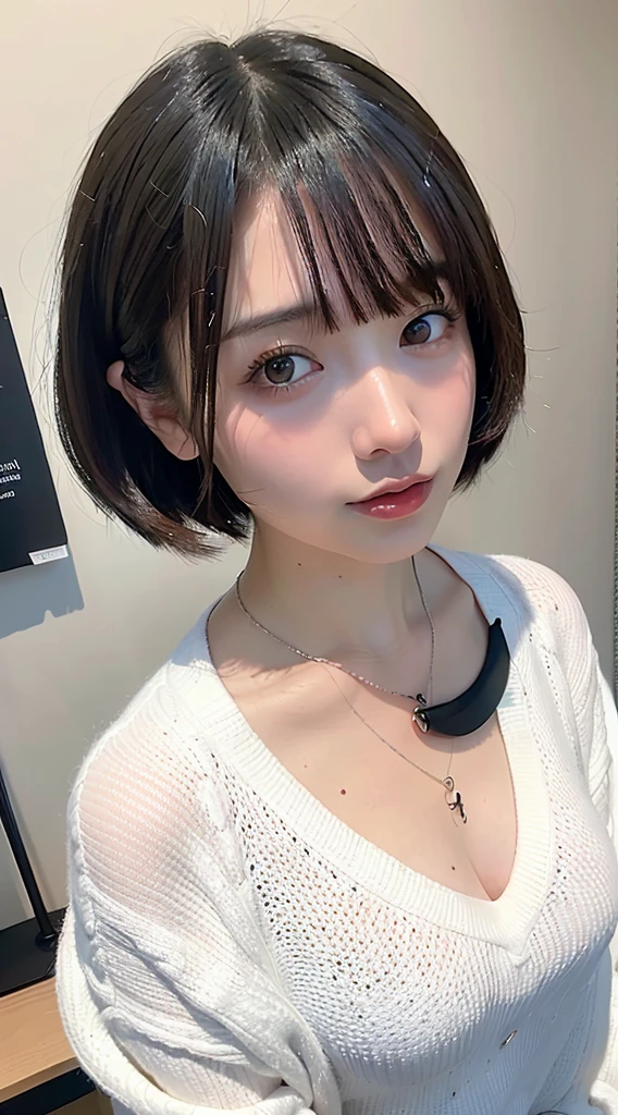 ((highest quality))、(masterpiece:1.4)、Raw photo、8K、((best image quality))、 ((highest resolution))、ultra fine photo、delicate face、Beautiful face in every detail、very detailed、(one woman:1.3)、realistic、(cute woman:1.3)、(short hair、let down one's bangs)、(Beautiful woman)、(small face:1.3)、((long neck))、(White off-shoulder、necklace、bracelet、navy mini skirt)、(big breasts:1.5)、((crowded train))、(emphasize cleavage)、((I can see the whole body))、(Angle from above)、