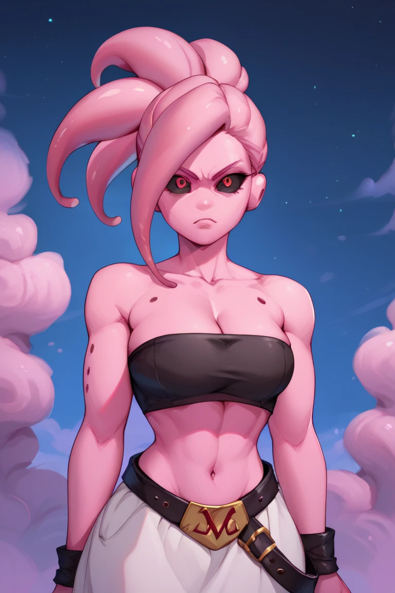 ((masterpiece, best quality)),(complex light), 1female,solo,upper body, goku black,super saiyan rose hair,pink eyes, angry, green potara earrings, large breasts, wide hips, curvy, thin waist, red collar, solo girl, armpits, arms up, large breasts, wide hips, curvy, thin waist, black slingshot swimsuit, black arm sleeves, abs, muscular female, 6 pack, muscles, beach background, sexy