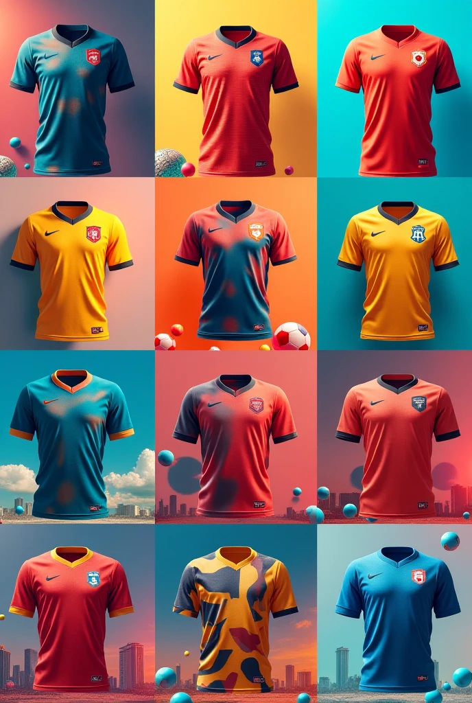 Design several football shirts, place them in a row, brand name EarthFootball.