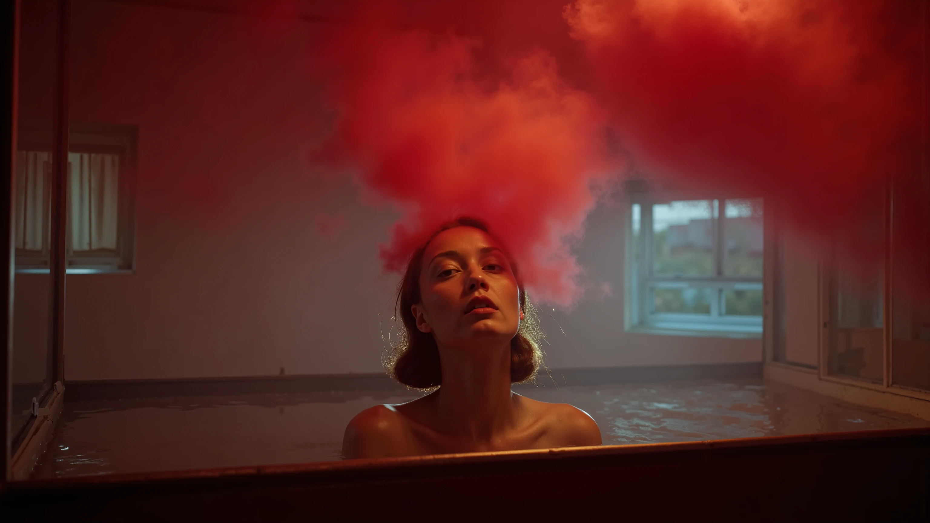 A woman with her head submerged in a glass tank filled with smoke, surreal, neo-noir, cinematic, red and teal colors, 35mm film, film grain