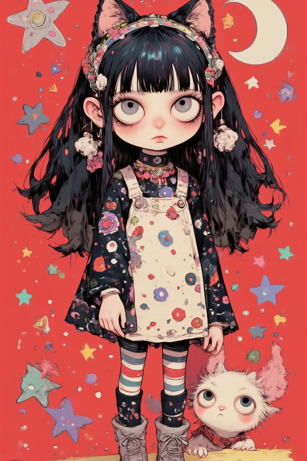 cartoon character, Girl, Landmine Fashion Girl, minefield with patten bangs,headband with cat ears,add pink or white colors based on black,Dull Color（dull pink or purple）,mysterious vibe,colorful sailor collar The design uses a lot of frills and lace,bottoms are pleated skirts and outfits that are conscious of absolute territory,choker、 chain on hand、heart motif earrings and necklaces,thick bottom loafers,highlight the eye area with pink eyeshadow, teardrop bags,Dark blush,sick,red and white striped leggings, stuffed black cat with one hand,Dynamic One Leg Raised Pose, sidemap, playful and vibrant atmosphere, bright red background with colorful spots, marks and patterns, flat and white illustration style, high-contrast colors,  digital art,Jojolion cover