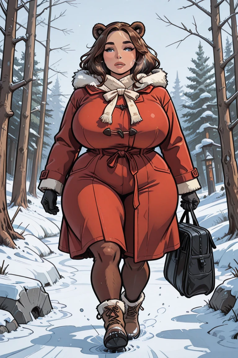1girl, slim body,  blue eyes,  dark curvy hairs, red lips, colored picture, double deck,  <lora:doubledeck style ponyXL v0.1:1>, full face shot, heavy clothing, during winter, snowing cloud, outside, top body, during a meeting, hand on chest, sidewaywalking in snow, ice in background