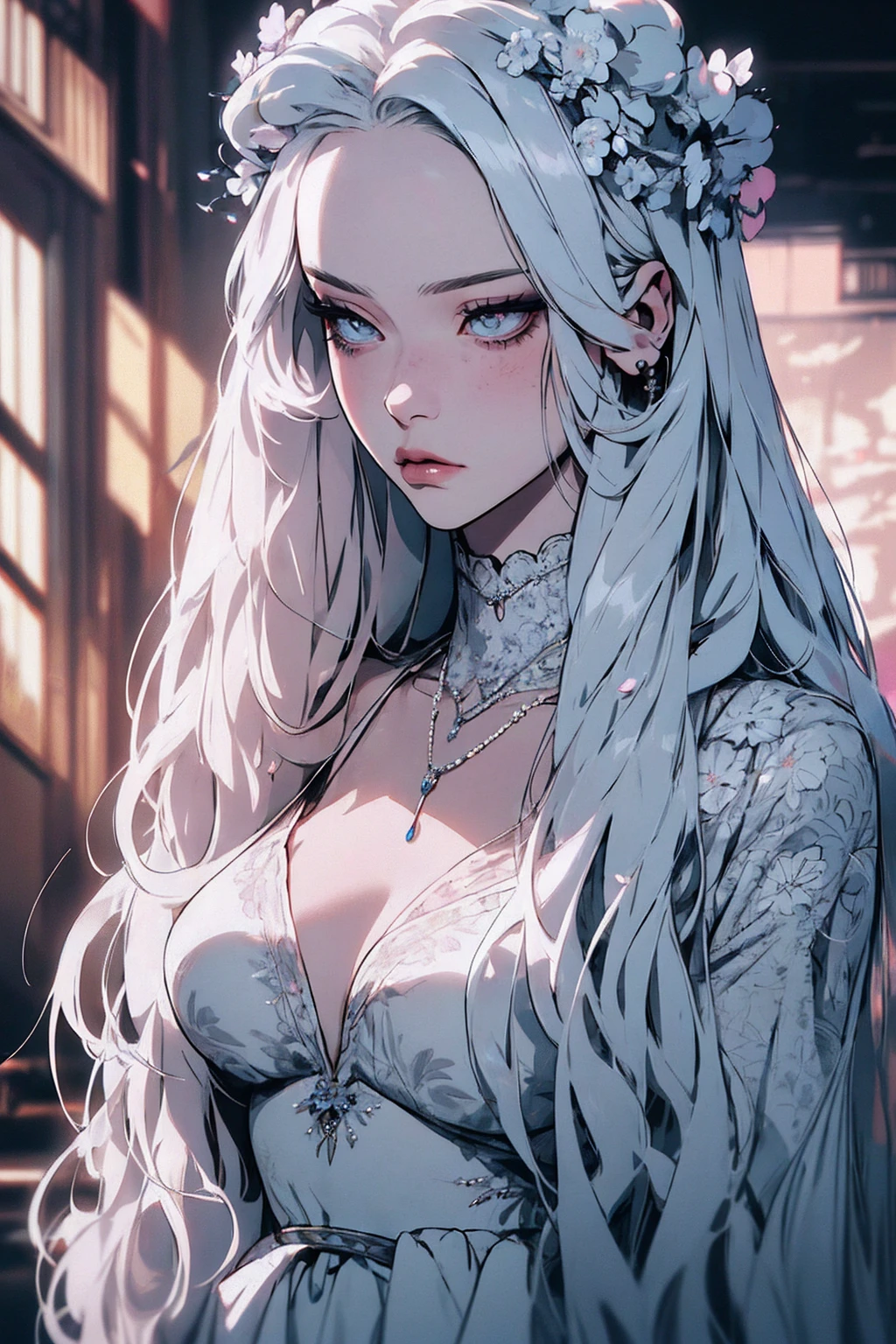 hyper-realistic of a mysterious woman with flowing silver hair, piercing blue eyes, and a delicate floral crown, upper body