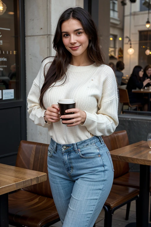 ((Midnight, Best Quality, 8K, Realistic)), Full body: 1.4, Slender abs: 1.2, ((Long dark brown hair: 1.2, Medium Breasts: 1.2)), (Long thick sweater: 1.2, Tight jean pants: 1.1, Scarf: 1.2, Sitting: 1.2), (Indoor, Cafe wall background: 1.1, Night light view), Highly detailed face and skin texture, detailed eyes, double eyelids, full body camera view, seductive smile, (Side face looking at the camera: 1.2, Holding the camera, Selfie: 1.1)