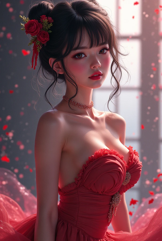 (Girl in a translucent one-shoulder red miniskirt dress), (photo realistic:1.4), (hyper realistic:1.4), (realistic:1.3), (smoother lighting:1.05), (increase cinematic lighting quality:0.9),. 32K, 1girl,20yo girl, realistic lighting, backlight, light on face, ray trace, (brightening light:1. 2), (increase image quality:1.4), (highest quality realistic textured skin:1. 4),(Big Blue Eyes)、Detailed drawn eyes、Detailed painted face、Fine textured eyes、(tired、sleepy、satisfaction:0.0)、A shirt that shows off a lot of cleavage、(Accentuates the body line:1.1)、(Beautiful textured skin:1.1)、(Red petals are flying)、(Red lace panties are visible)、Slim long legs、