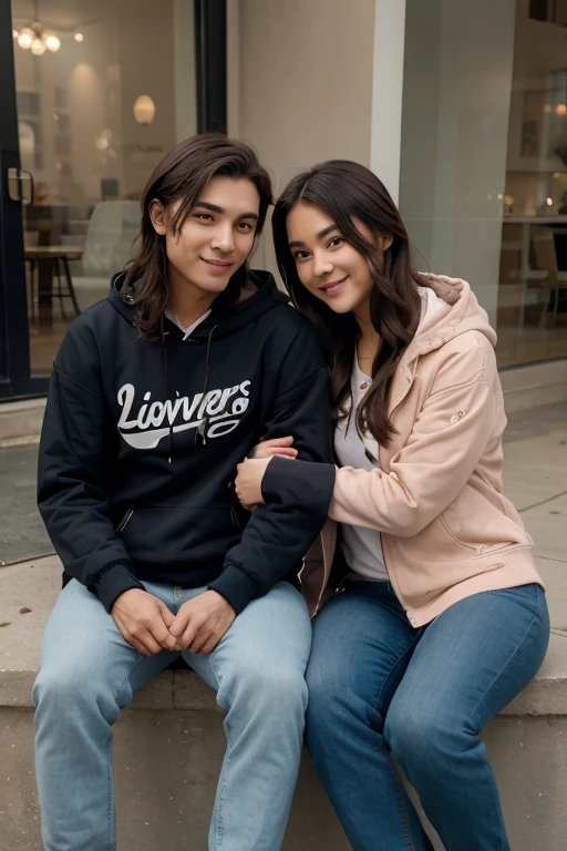 couple inside car.girl is wearing pastel purple colour over coat and black colour skinny.boy wearing red colour polo t-shirt .both are smiling .girl have black colour long hair.Boy have black colour hair.boys stearing wheel in right hand.disney pixar anime.