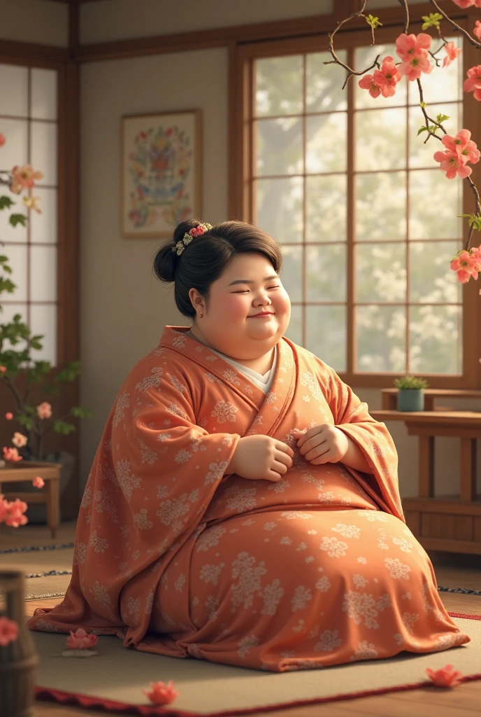 Fat Japan woman in her 20s in vomiting pajamas