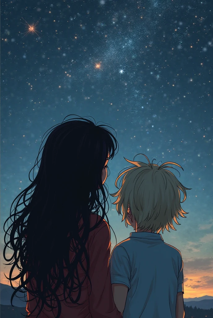 Make a beautiful woman with long loose hair and black bangs and a short pink blouse with her 3-year-old son with blond hair and a little voluminous hair., they are with their backs turned looking at a big colorful star in the sky