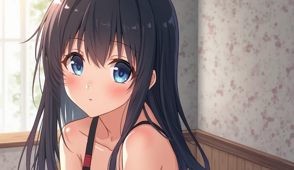 flat chest, from front nsfw, {{{full body}}}, panty, small nipples, nsfw, deaper, topless,(masterpiece, best quality:1.2),illustration,8k,hd,1girl,solo,(portrait:1.2), asashio, black hair, long straight hair, blue eyes, anime nose, anime mouth