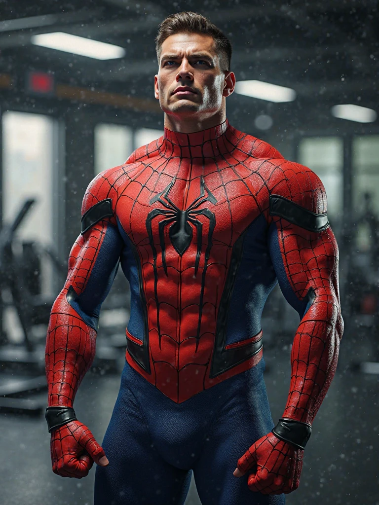 In the alluring image is a handsome Chinese man 3 with his fair skin radiant like a prince, the background is in a large and bold warehouse, his charm radiates as he proudly shows off his six-pack abs and shows off his muscular arms in a full standing pose. He is wearing sexy spider-patterned underwear wearing spider-patterned gloves, wearing spider-patterned socks, which accentuate his body shape, He stands in the middle of a giant spider web of his own creation, surrounded by a large spider web behind him, Bathed in the golden light of a beautiful day. With unmatched attention to detail., This photorealistic portrait combines Superhero style., Capture every detail of his textured skin in 8k resolution. Leica digital SLR camera. His features are clearly visible., From his deep-set eagle-like eyes to his sculpted jaw., Make this image a true masterpiece.. Lift. (8K UHD、RAW Photography、Leica Digital SLR Photorealistic Portraits、Realistic images), large protrusion