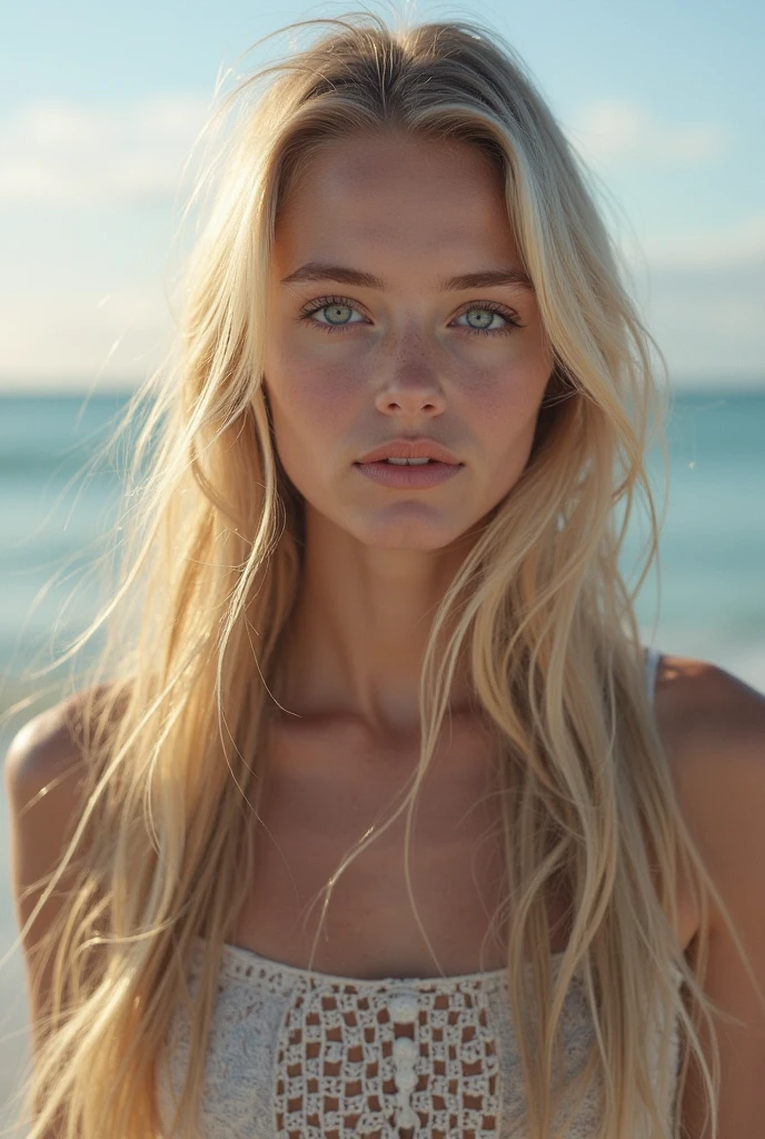 Create a realistic image of a 20 year old woman, long blond hair, blue eyes, cheekbones, full body,
dressed in black bikini, sitting in the sand, on thea beach with people, not looking at the camera,background image, head to toe, full body, hyper realistic photo
