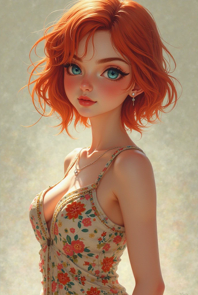 Femme de 25 ans, visage rong, realiste, rousse, tache de rousseur, corpulance ronde, sein moyen, air   innocent, coquine.