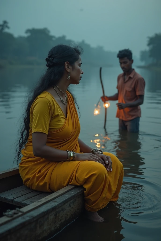 An Indian woman sitting on the ground in an old house drinking water and a drunk man sitting on the ground behin