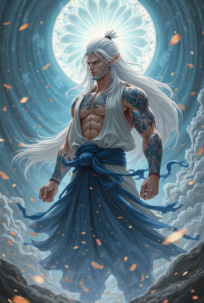 Height: tall and imposing, with a presence that demands respect.
eyeballs: Penetrating greens that seem to reflect the wisdom and intensity of your experience.
hairs: long and white, flow like a waterfall of snow, highlighting his youth and at the same time an aura of mystery.
vestimentas: He wears very wide blue pants that dance in the wind., matching with a white tank top with Japanese characters, that not only demonstrates a unique sense of style, but also carries a personal message or mantra.

