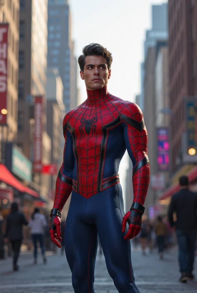 Photorealistic, spider man, ((best quality)), ((masterpiece)), (detailed),(full body shot:1.4) masculine portrait of young spider man, 18-year-old male models, handsome, tall, cute looking, powerful, young male, handsome model, clean shave, (blue eyes:1.4), white pale skin, short curly messy brown hair, messy curly hair, short hair, super strong, muscular, fit, massive muscles, six pack, muscle, ripped, strong body, fit body, great chest, amazing arms, new york city background, Dark background:, 8k, high detailed, ultra-detailed, Stylish Pose, real skin texture, dark cinematic lighting