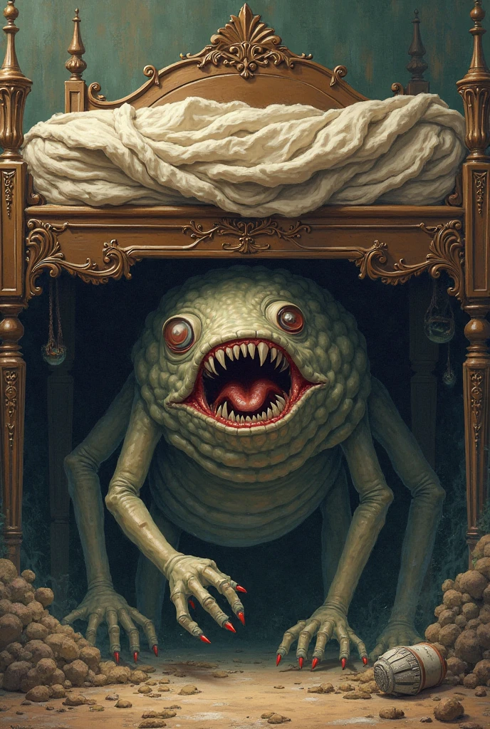 (extremadamente detallado, obra maestra, La mejor calidad), Estilo oscuro, intense illumination, rostro con arrugas, lengua larga, tentacle, deforme, monstruoso, interior de una piscina de agua verdosa, imagen submarina, alien con Colmillos finos, pico de pulpo amenazante. manchas de tinta. Rococo composition. Luz de caravaggio
