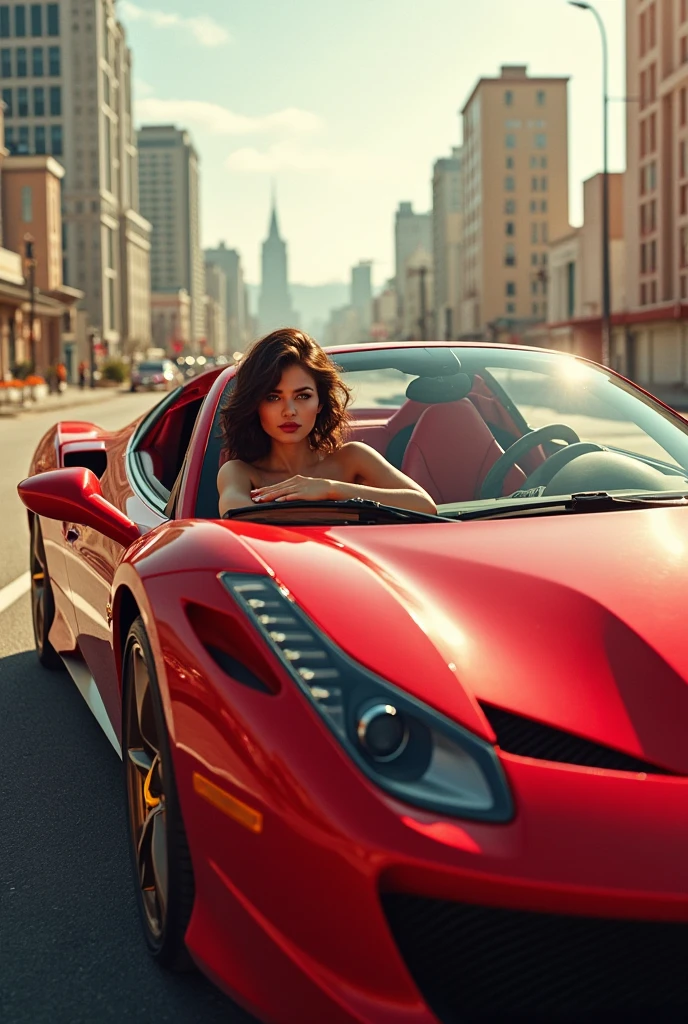 20 year old woman driving red lamborghini car,brown long hair,D cup chest,Glamorous model body,Short Dress
