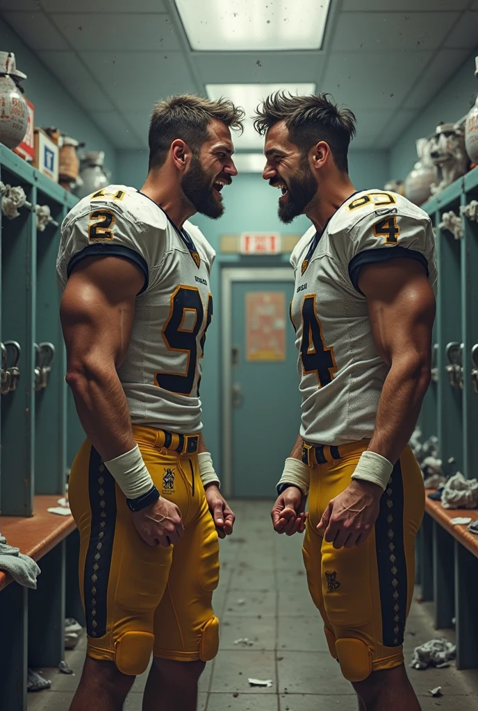 2 men, photorealistic, full view. Muscular, Caucasian football jock bodybuilder, in football uniform, is holding muscular, Caucasian Football jock bodybuilder in football uniform, with cum on his face and chest, standing in a dark locker room, with huge hard cocks, dripping cum. Sexy, love, NSFW.