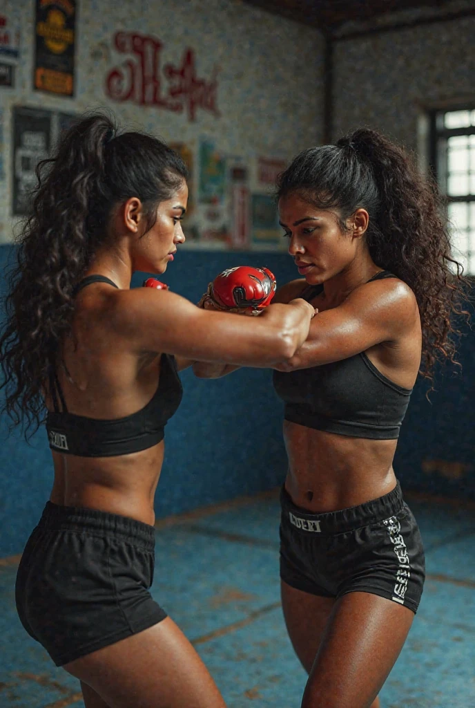 Create the image of a Brazilian boxer, very beautiful, aged 25 years old, dark skin, greenish eyes, long straight black hair, she is wearing black boxing gloves, a red top and black shorts, ultra realistic , 8k