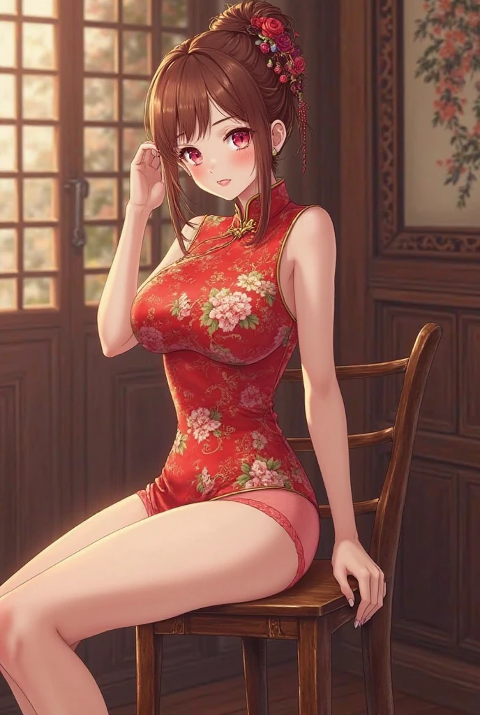 top-quality、hight resolution、super precision、masterpiece、8K、(One woman)、(((extra detailed face)))、8 head body、
(Composition seen from the back)、(stand in front of the bed)、buttocks visible、The back is visible、Nape、Lifting the hem of clothes、
red bluitation、Sweat on the face、Sweat on the body、plump eyes、Eyes sparkle、Wet eyes、
(Business Hotel Rooms)、(Modern Japan)、Colorful、Fine skin、 (((Peach-colored cheongsam)))、(gorgeous floral embroidery)、off shoulders、thighs thighs thighs thighs、large full breasts、Deep slit、 ((Tying hair))、(hair adornments)、Beautie、Embarrassing、Feels、(Hide your fingertips)、Refers to 5、