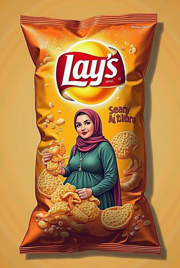 Beautiful Korean woman wearing a hijab, wearing a yellow crop top with the words "Madu Alami SJ MORBEY", right hand holding a long eggplant, at the end of the eggplant there are drops of condensed milk, left hand looking up, white begron