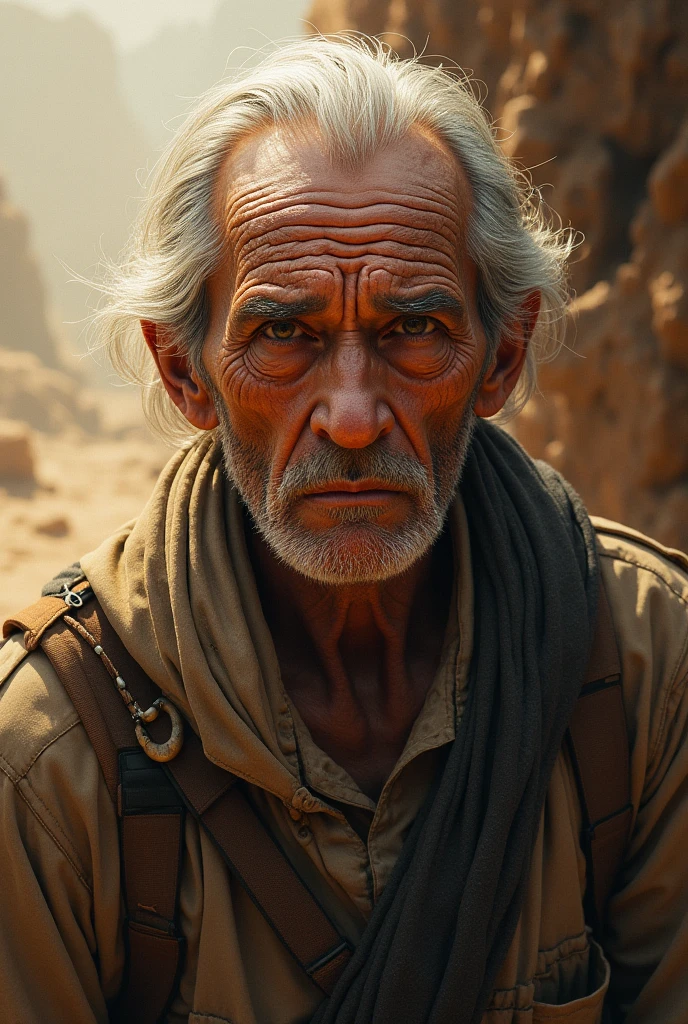 RAW photo, Post-apocalyptic, close-up portrait photo of an older man, in tattered dirty clothes, leathery skin, rugged, eyes that have seen too much, battle-worn, a fiery desert landscape, dust storms, a blazing sun, intense color, (high detailed skin:1.2), 8k uhd, dslr, soft lighting, high quality, film grain, Fujifilm XT3