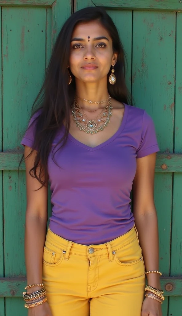 "Traditional yet casual look of an Indian woman: wearing a tight purple tee and yellow jeans, adorned with ethnic earrings, bracelets, bindi, and a delicate necklace. Standing with relaxed posture against an old green wooden backdrop. Soft natural light enhances details and texture."