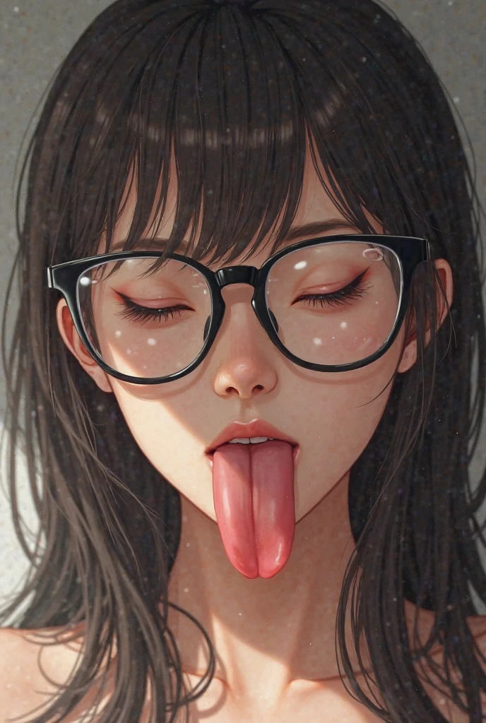 summer、Bedroom、thick、Sweat、sexy(((((Eyes hidden by long bangs)))))、(((Long black hair:1.2)))(((Black-rimmed glasses:1.2 black eye)))、Strong sunlight、thicksummerの昼間、ホテルのBedroom、Look at this、Focus on the face、Close up shot on face、Adding a condom with your mouth
