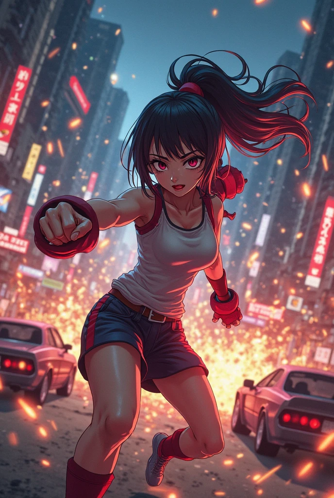 2 people。In a street fight、A female street fighter is overpowered by a man and punched repeatedly, leaving her in tears。Covered in bruises。Bloody。Frightened expression。Running out of energy。Sweaty。Short black hair。Open Finger Gloves。Sports Bra。Tank top。Denim shorts。
