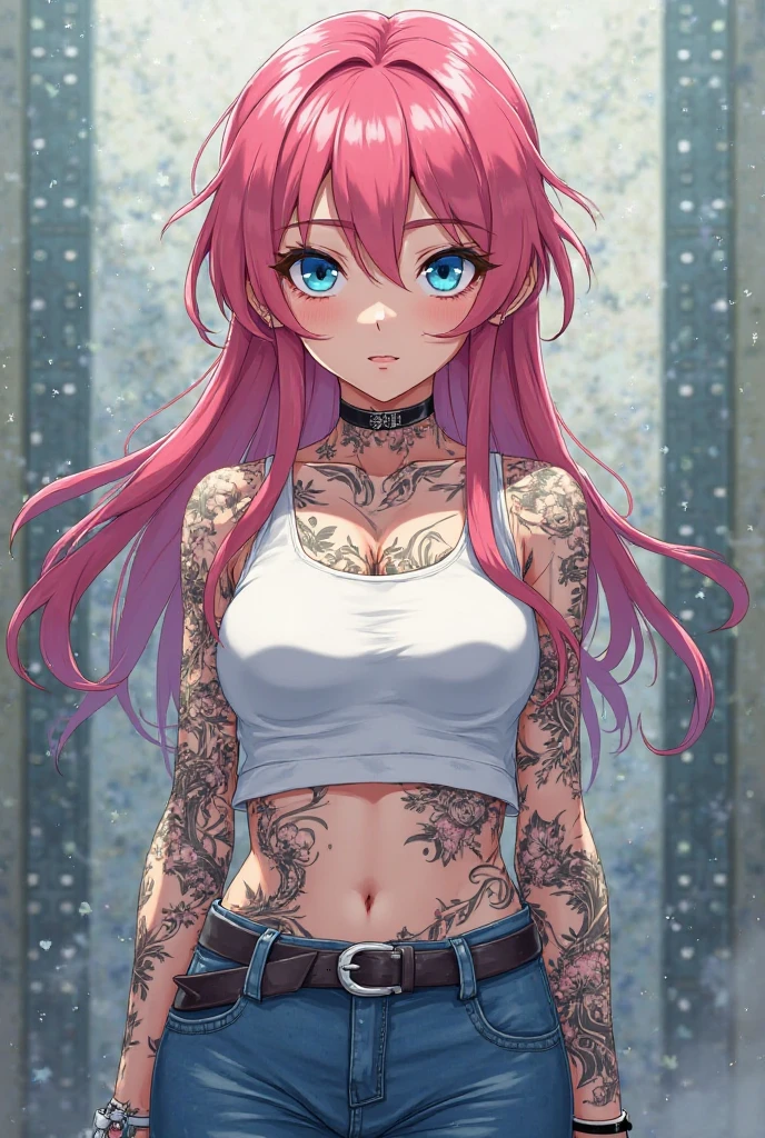 (character) - “timid, modest, shy, closed, reserved, polite, soft, kind, sweet, sweet, supportive”,
(appearance) - "Young, dark-skinned, Japanese, green eyes, pink hair with red streaks in a ponytail, normal build, toned, firm breasts, round, firm ass, full-arm tattoos, tattoo on the thigh"
(clothing) - “black and white maid uniform, shaped neckline, no bra, short skirt, white transparent tights, thongs (sexy, lace).