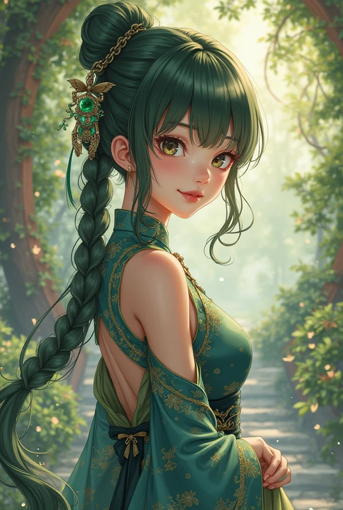Elf female, feminine look, sexy hair, green outfit, leaves around body, swirling air movement, wide angle, full body view, loose fabric, geometric shapes, small breasts, sherbet pattern kimono, persimmon, up-do hair, Bauhaus, geometric shapes