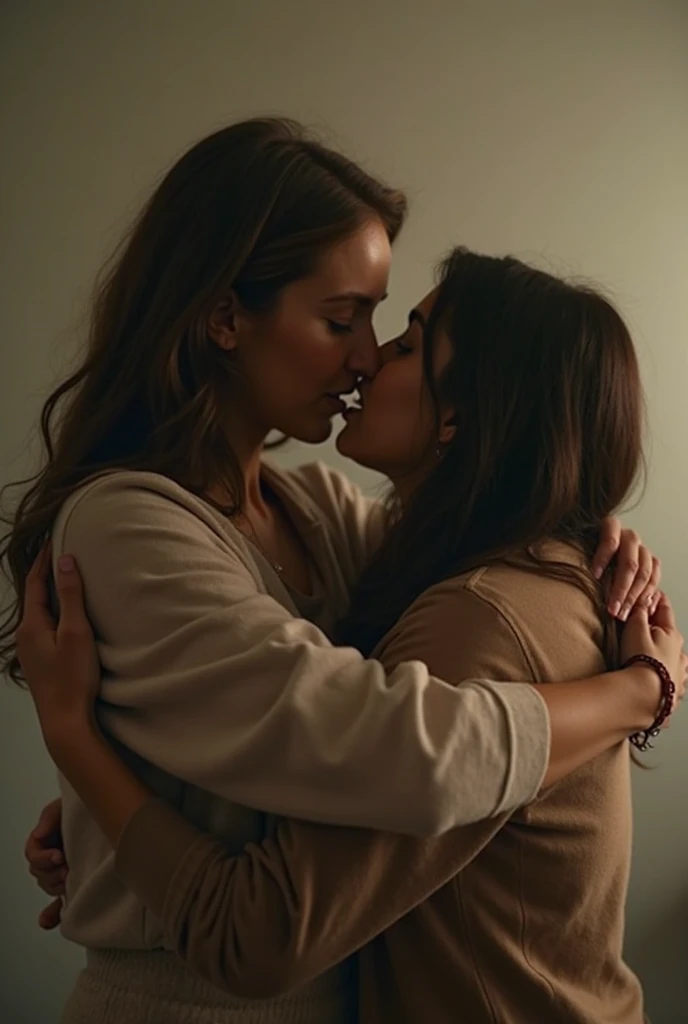 a middle-aged woman and her young girlfriend, hug, blushing, closed eyes, nighttime, indoors, living room, casual clothes, (kiss:1.3), (best quality,4k,8k,highres,masterpiece:1.2),ultra-detailed,(realistic,photorealistic,photo-realistic:1.37),cinematic lighting,moody atmosphere,warm color palette