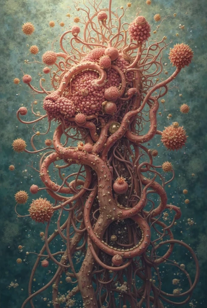 <lora:auka:0.6>auka, black background with branch design and neurons, girl with long braid inside of circular design made out of veins, intestines, and cells