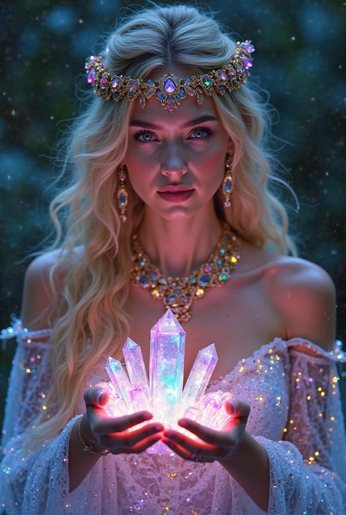 pretty girl Magical Taoist magic circle sexy blonde Sparkling eyes Lightning Staff Jewelry box Amethyst Pendant A pale blue pillar of flame swirls..whole body Dynamic Crystal