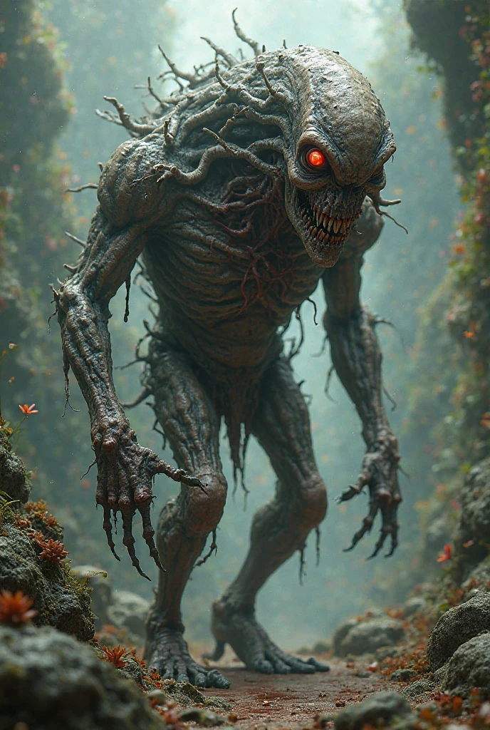 Real stone .sharp rock, Real rock best quality,4k,8k,highres . No legs,masterpiece:1.2),ultra-detailed,(realistic,photorealistic,photo-realistic:1.37),grotesque monster,creature with big mouth,huge stone monster,eating flesh. Cracked stone body monster.,blood and gore,splashing blood,moist forest,wet environment,horror,dark fantasy