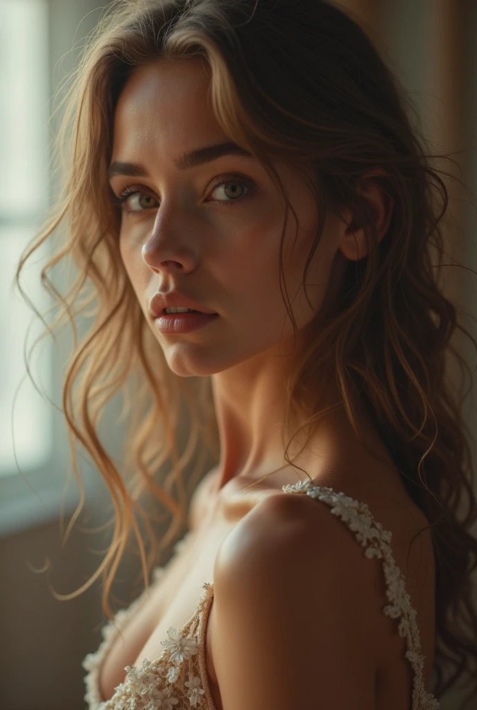 (((ultra realistic))) Photo, masterpiece, top quality, (pale skin), (Ultra detailed face and eyes:1.3), 1 girl, Adult, in a T-shirt, (Eye makeup, mascara) , ((large detailed lips)), ((ash wavy hair)), ((Chyolka)) , (Natural breasts), Slim waist. ((Posing)), photoshoot, studio (soft lighting), (The play of light and shadows), depth of field, bokeh, (special attention to skin detail: 1.2), Detailed leather texture, skin pores. (Airy atmosphere of the frame. Color range - delicate, Bright, white, Pink tones), UDR, ((Film grain)), ((rays)), ((glare of the sun)), ((waist up portrait, close to the camera)) , ultra detialed, 