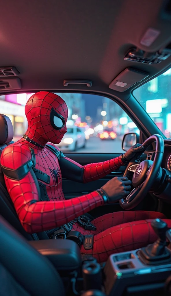 Spiderman driving a car