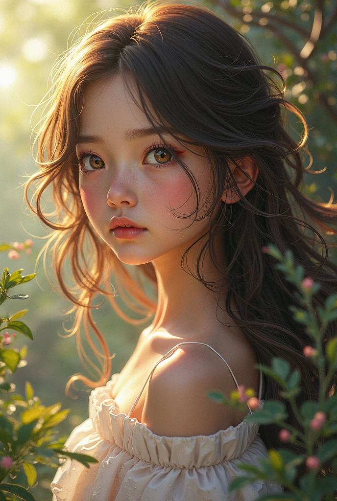 teenager girl, have straight, long black hair. big, almond, dark brown eyes. round face, thick eyebrows, short eyelash, big and flat nose, thin mouth, neutral skin tone