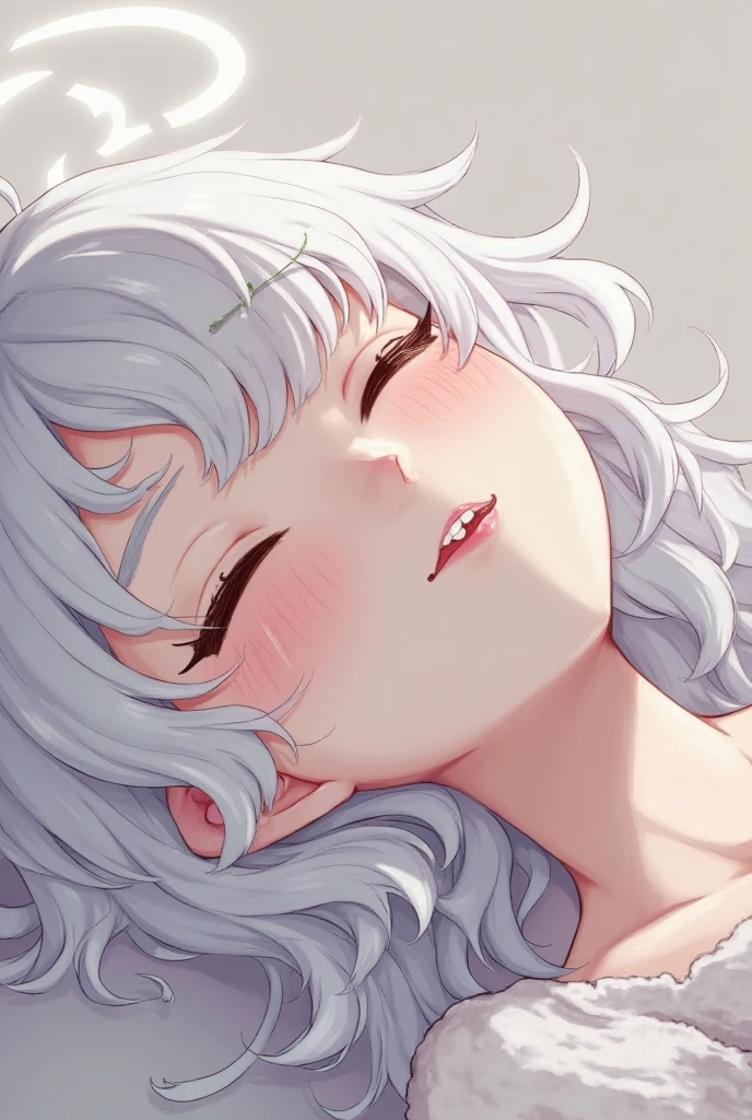 Perfect anime illustration, 1girl, slim, , medium length curly hair, white dress, laying down, arms up, armpits, ((armpit details)), ((smooth armpits)), closed eyes, upper side view,