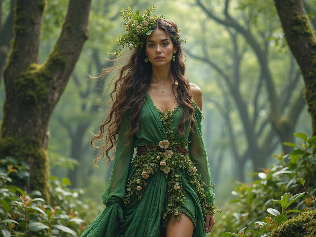 A 20-year-old Indonesian girl sits serenely by a foggy lakeside, adorned in a stunning batik kebaya dress with intricate floral patterns and vivid colors, her long, dark hair cascading down her back, gently swaying in the breeze. She tenderly cradles a delicate lily flower in her hands, lost in contemplation. Towering trees loom in the background, their branches stretching towards the sky like nature's cathedral, casting dappled sunlight onto the damp, emerald-green grass. Inspired by the works of wildlife photographers like Art Wolfe and Frans Lanting, with a touch of Gregory Colbert's cinematic flair, this portrait embodies the harmony between nature and human, blending the realism of photography with a painterly, ethereal quality, reminiscent of Claude Monet's impressionist landscapes and the vibrant colors of Indonesian textiles.