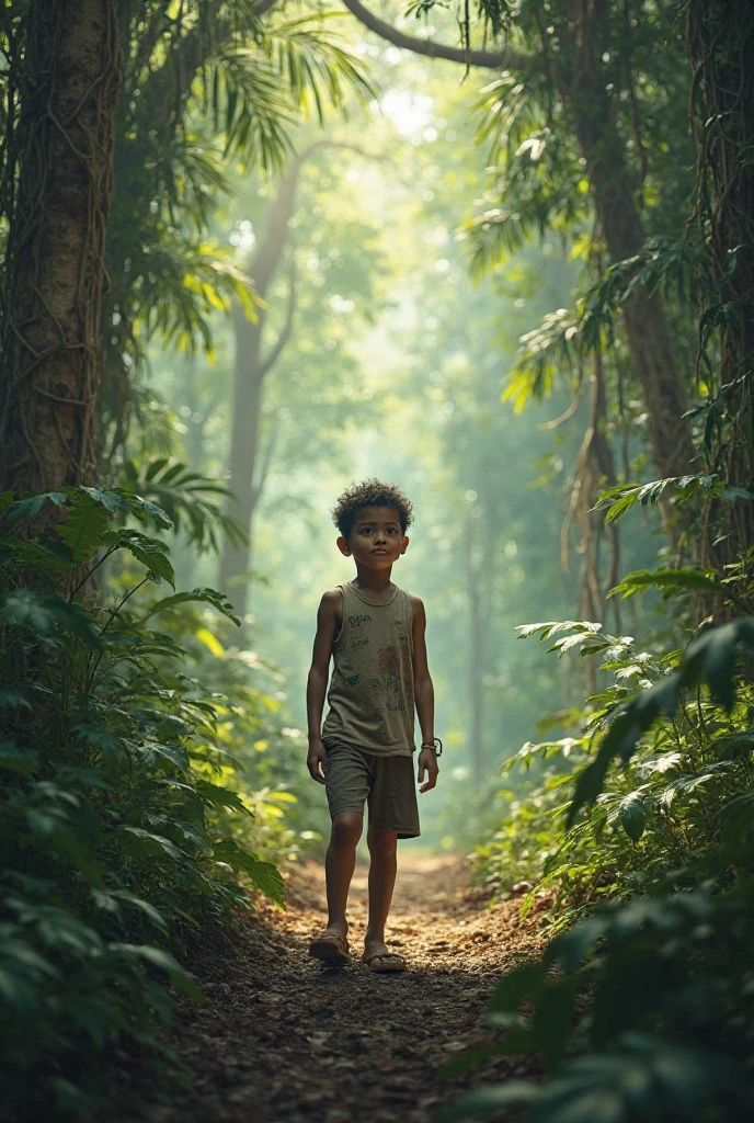 A boy in Indian clothes, cor de Pele preta, menino negro, indigenous boy, se escondendo no meio da floresta, ele esta correndo na mata, roupa africano, menino africano