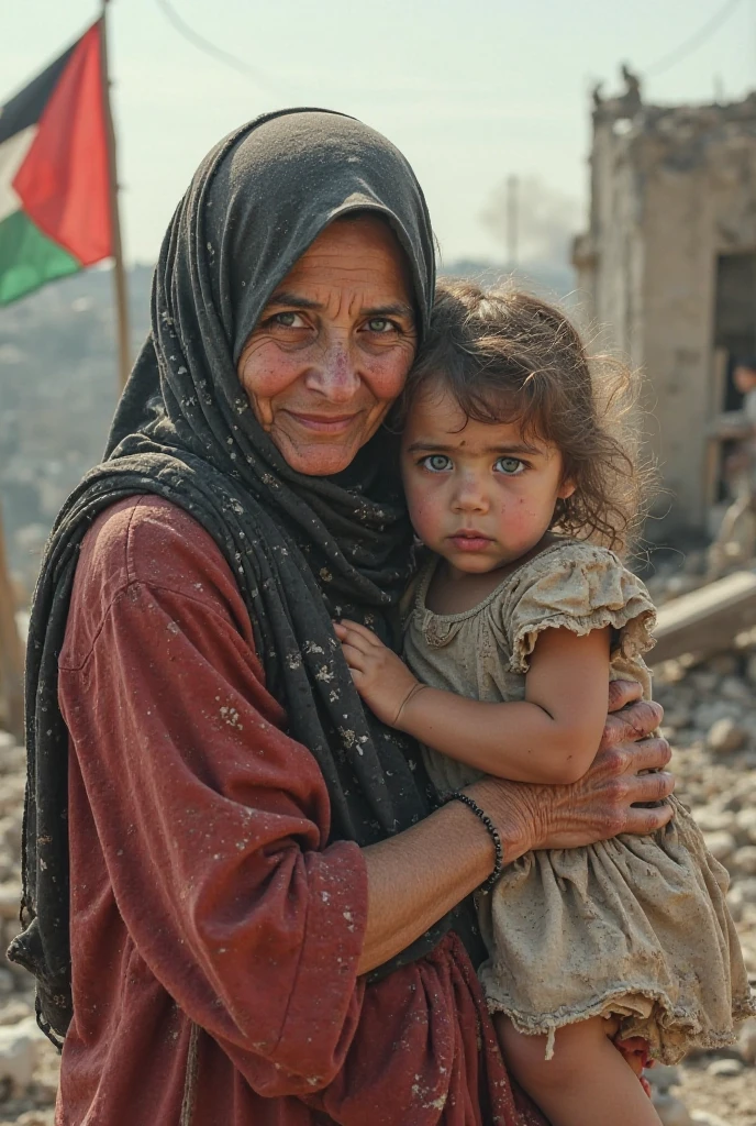 Blind Mom her hungry
child, palestine country flag infront infront of food compair with other country