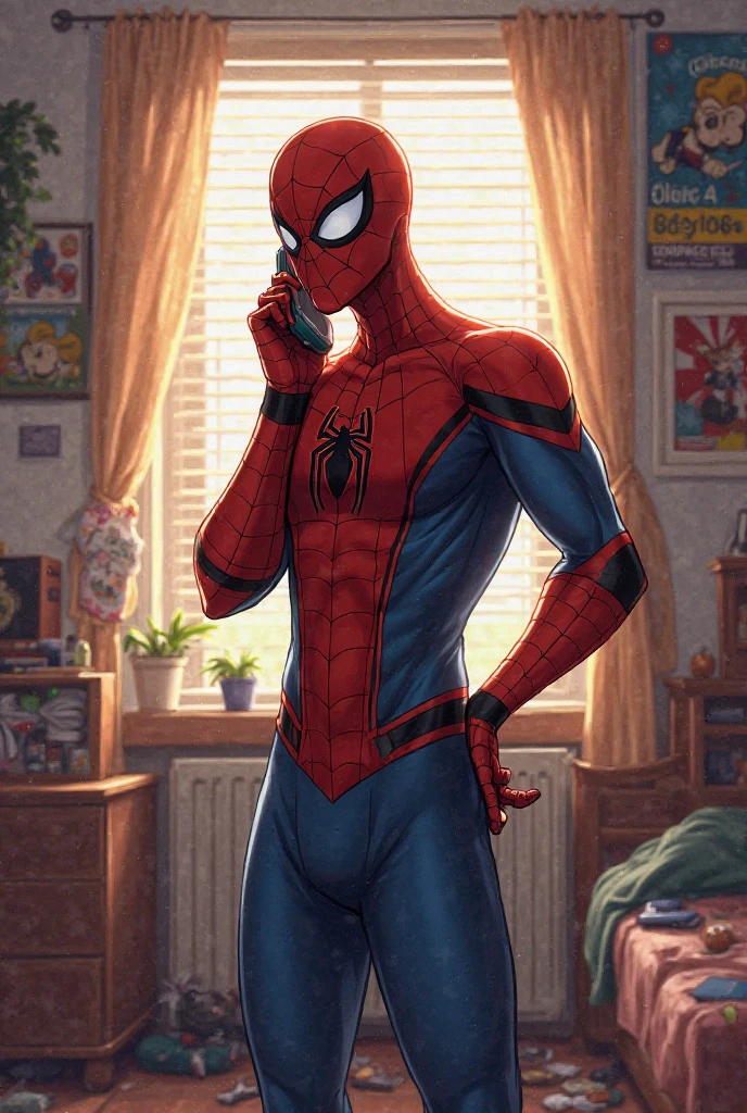 portrait512 Spider-Man wearing his mask reading a (newspaper:0.8) inside of a bathroom, cinematic film  still Photo512