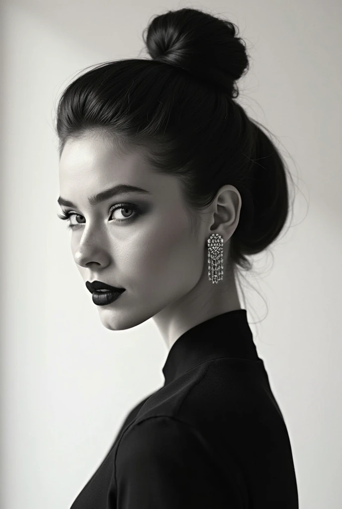 Striking black and white composition,Featuring calm models in a studio setting. The model stands confidently, The backlight outlines them by a soft glow. The interplay of light and shadow creates an inviting atmosphere, Dramatic contrasts that highlight the contours of the model are projected. The background is a subtle blend of dark tones and faint outlines, Enhance the mysterious atmosphere.